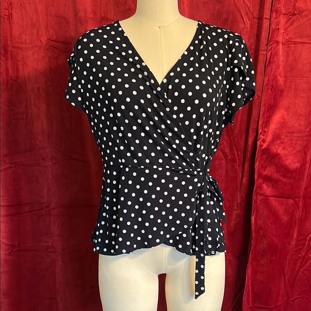 AUW Retro Navy and White Polka Dot Wrap Top